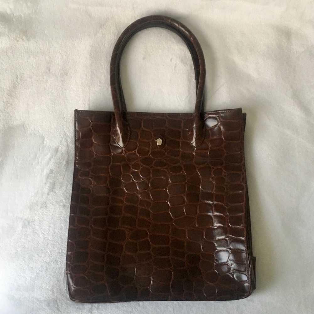 Ralph Lauren Safari Tote Croc Embossed Vegan Leather Brown